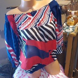 Bebe patriotic silk sheer blouse top XS EUC